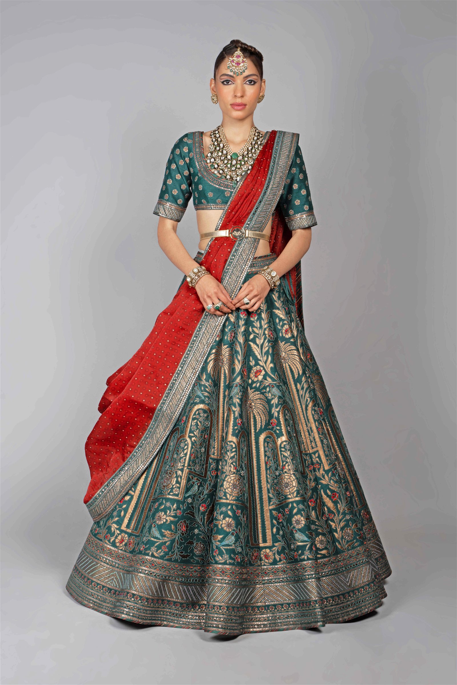 Buy Green and red Lehenga semi stitched(Faux Georgette Dress Material) With  Dupatta at Amazon.in