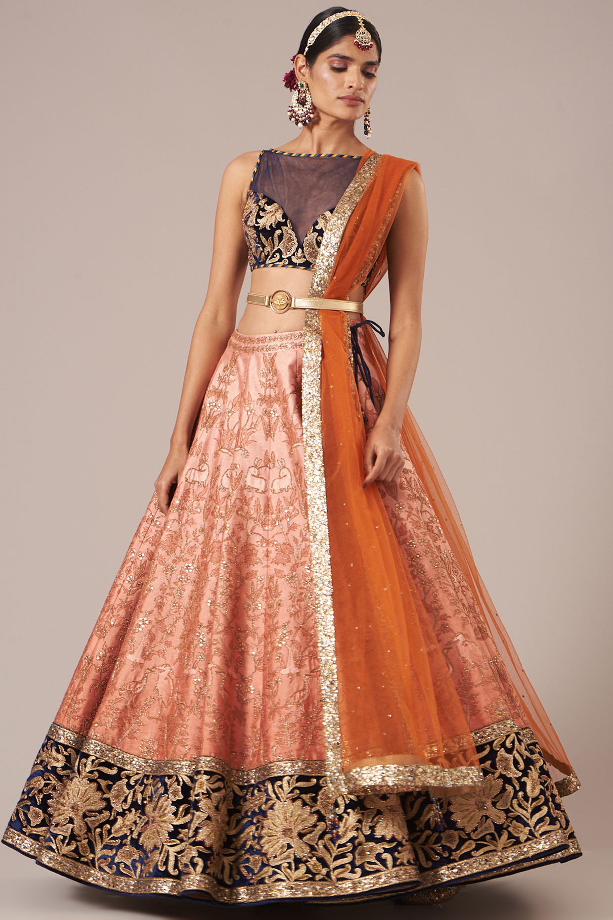 Buy Women Peach Tiered Lehenga Set With Floral Embroidered Blouse And  Dupatta - Ready To Wear Lehengas - Indya