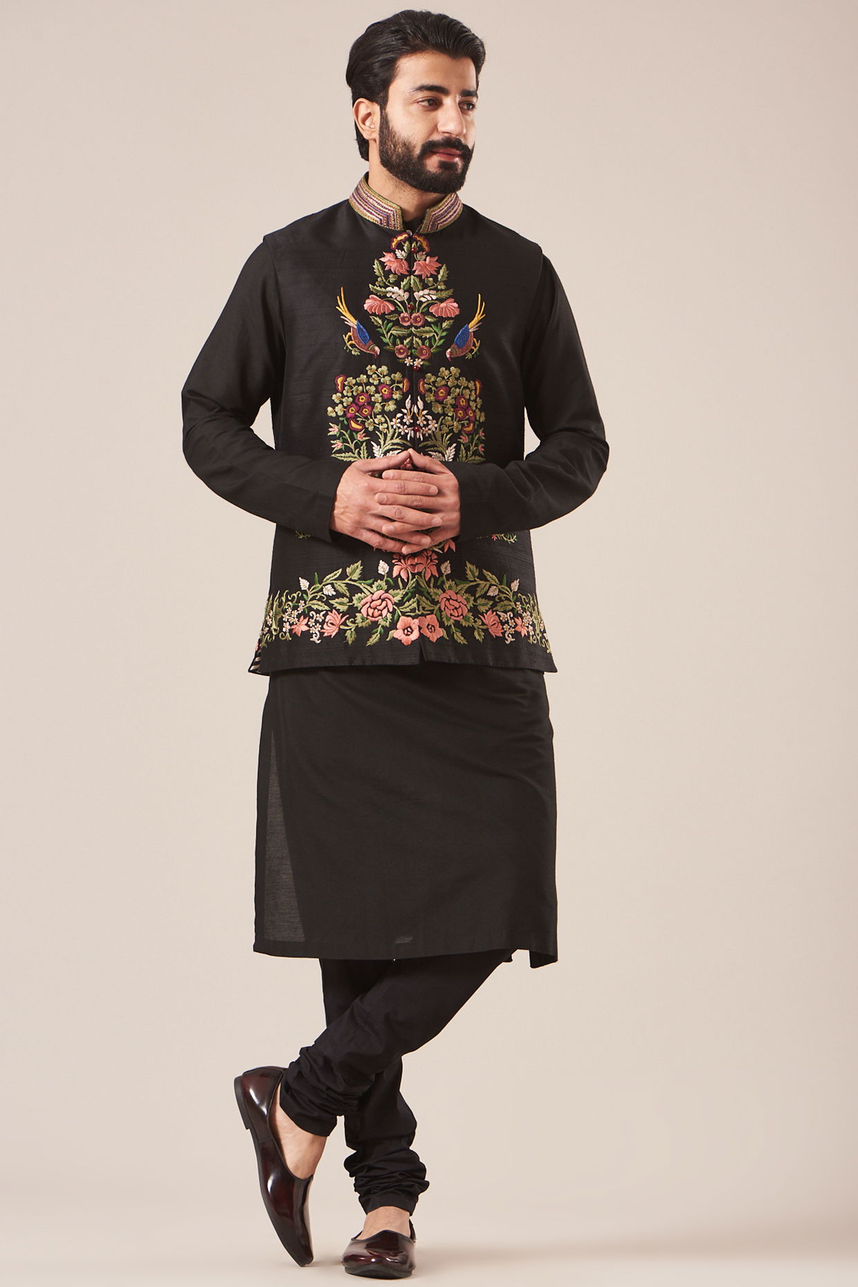 Black Kurta Pajama With Nehru Jacket In Woven Design 792MW03