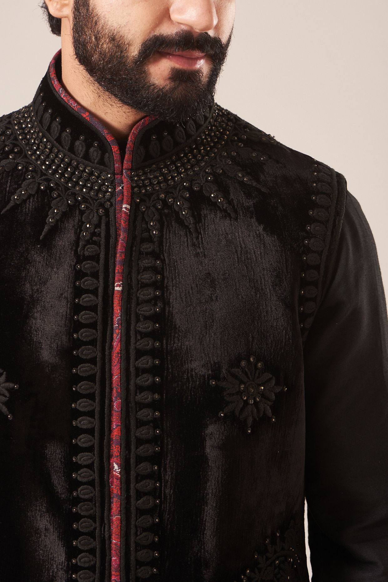 Black Cotton Velvet Nehru Jacket Set Design by Line by Shamim Khan at  Pernia's Pop Up Shop 2024