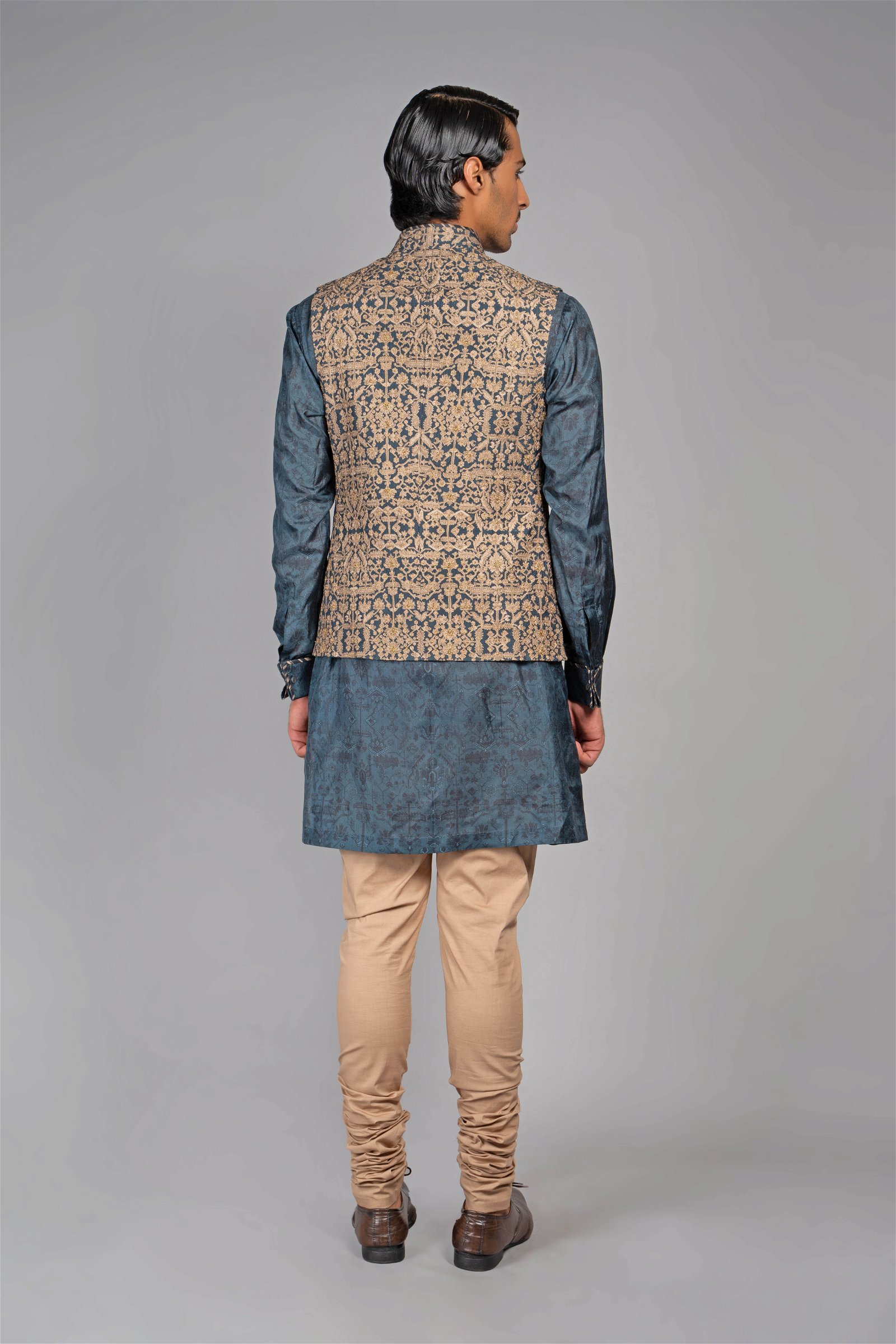 TAHVO Brown Satin Slim Fit Printed Nehru Jacket