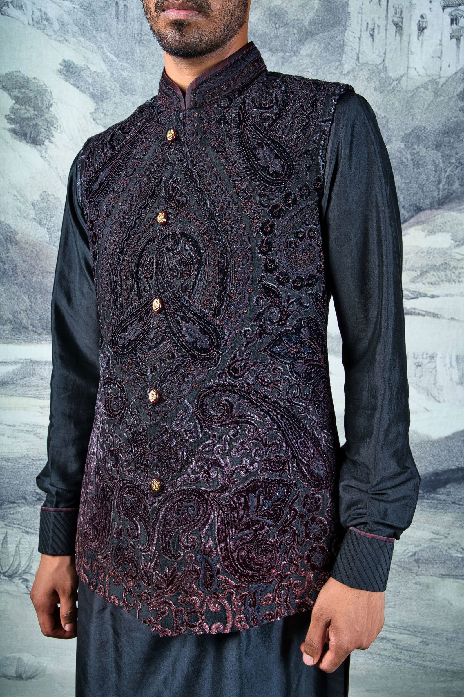 Black Applique Embroidered Nehru Jacket Set