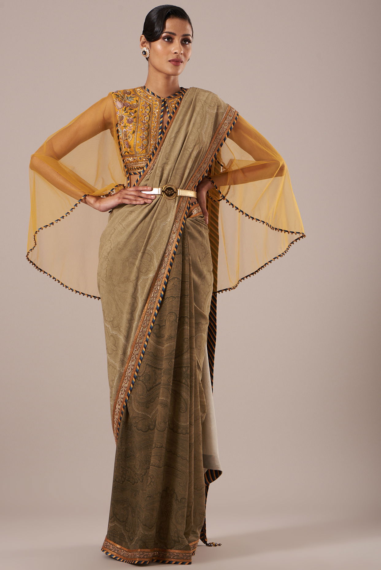 Sage Green Chiffon Saree Set | Chiffon saree, Saree with belt, Embellished  blouse