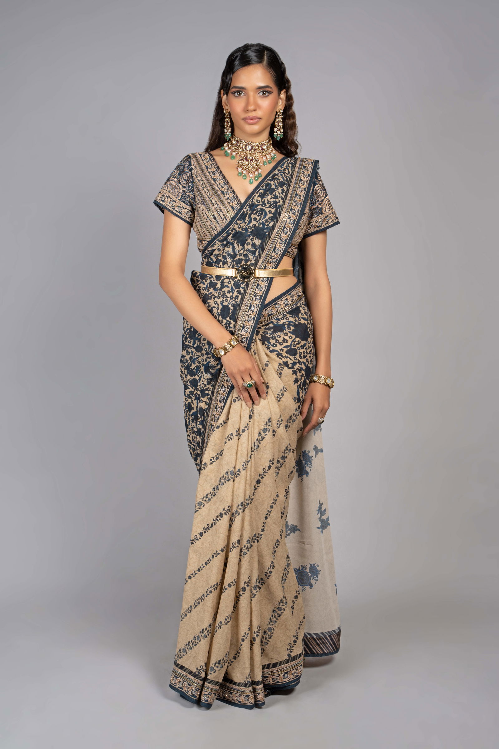 Blue Printed & Embroidered Pant Sari Set | Diya Rajvvir – KYNAH