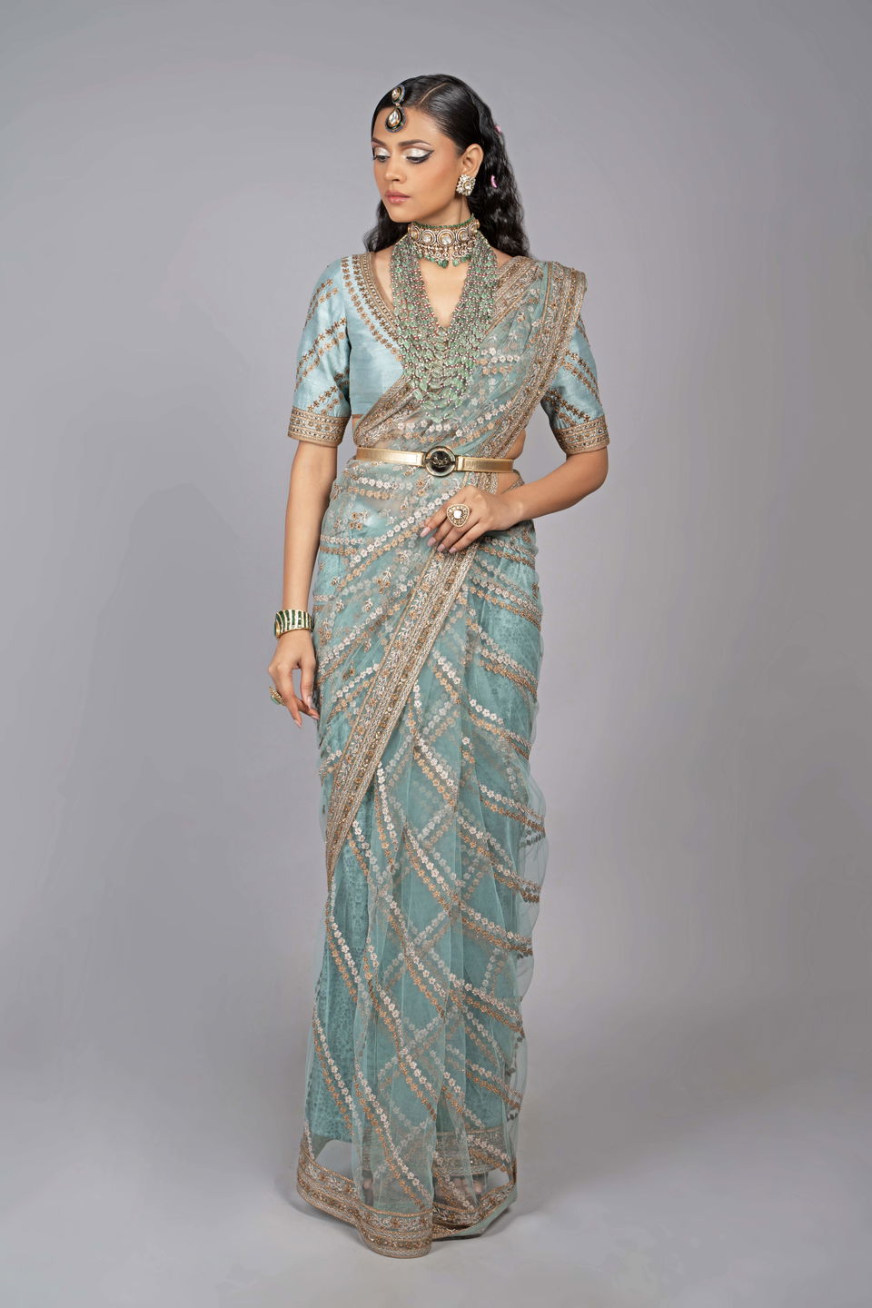 Multi Colored Printed Embroidered Saree Set With Belt